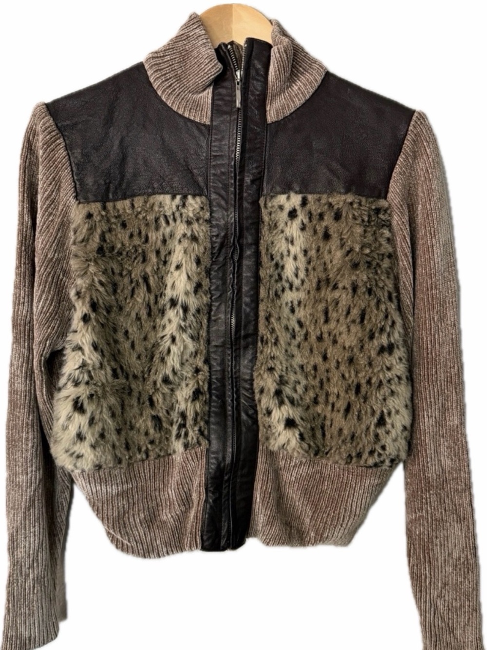 Victoria Harbour Vintage Faux Fur & Leather Trim Knit Jacket - Taupe/Black (L)